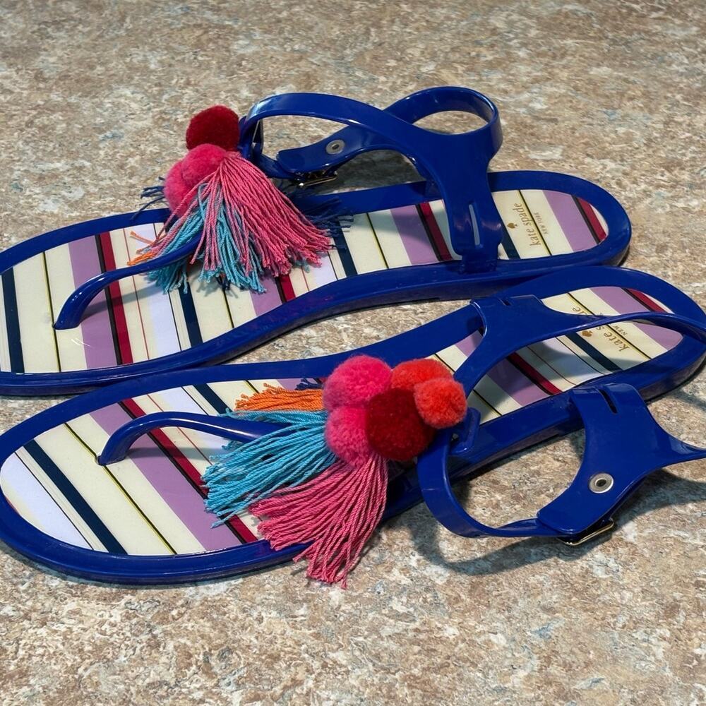 Kate Spade Yellowstone Jelly Pom Pom Tassel Colorful Bright Fun Flats Sandals 10 - Picture 8 of 12